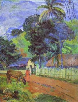 保羅 高更 Horse on Road, Tahitian Landscape